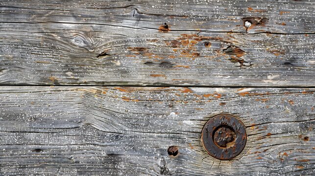 Aged ship plank nail hole oxidation ring close up