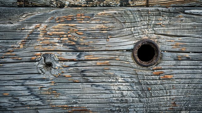 Aged ship plank nail hole oxidation ring close up