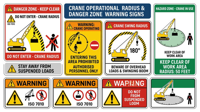 Industrial Crane Safety Warning Signs Collection for Danger Zone and Operational Radius