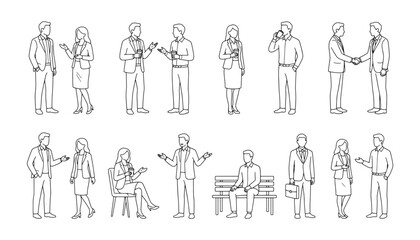Obraz premium Business People Line Art Poses Collection Showing Conversation, Handshake and Office Interaction Scenes