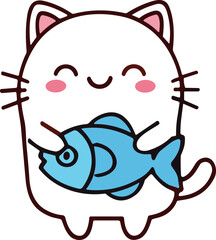 Cute Kawaii Cat Holding a Blue Fish, Cartoon Style © Zanka