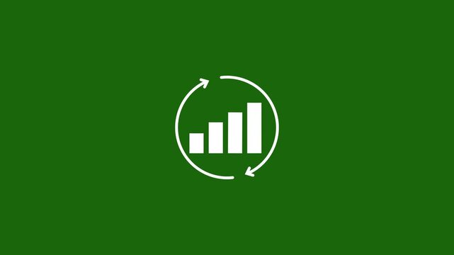White bar chart icon with circular arrows on green background representing data analysis and cycles graph