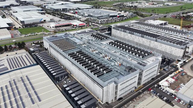 Aerial view of a modern hyperscale data center building