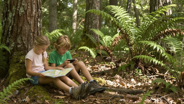 Two children explore a forest, one with map, another using phone.