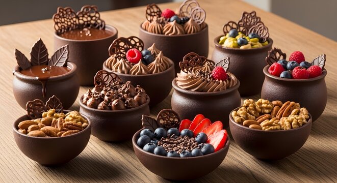 Chocolate Desserts with Berries and Nuts on Table