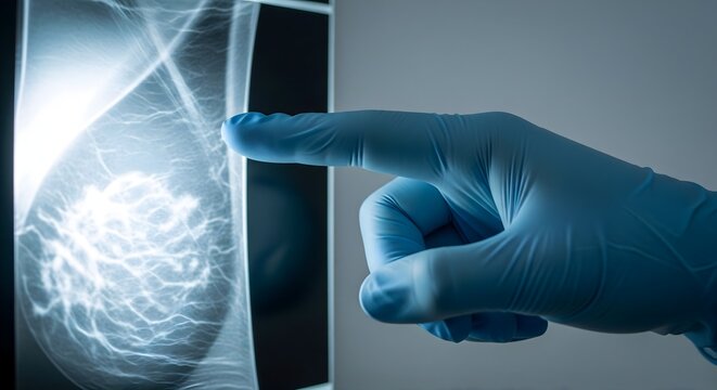 Doctor pointing at a digital mammogram scan for breast cancer screening