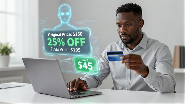 Man shops online, saving 25% off a $150 item for $105 with his credit card.