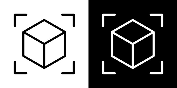 Minimal object detection icon with focus frame and 3D cube, representing computer vision, AI recognition, image analysis, and smart detection systems.