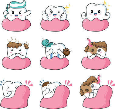 Editable Dental Care Routine Sticker Set Featuring Healthy and Cavity Teeth