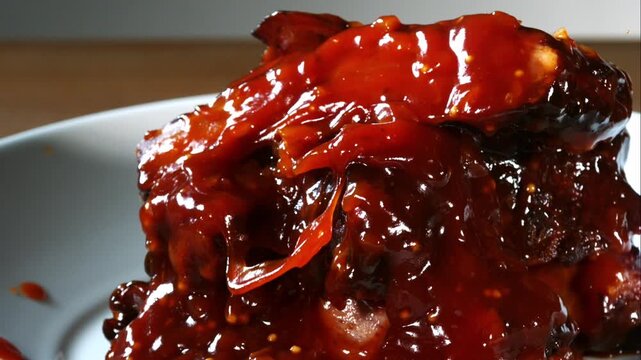 Close up of delicious slow cooked pork ribs being glazed with a thick and savory barbecue sauce layer