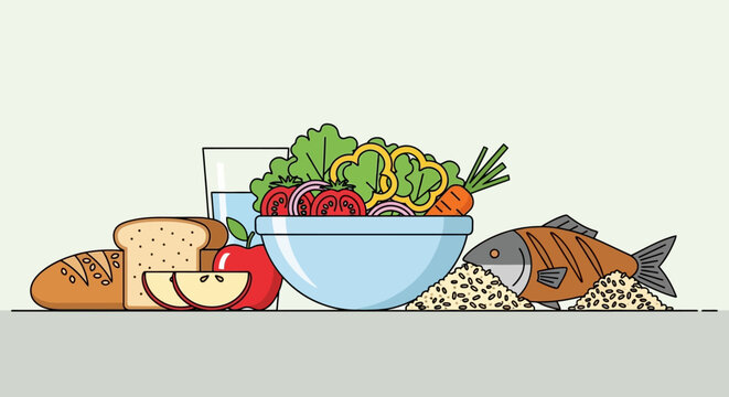 Healthy Balanced Nutrition Illustration with Salad Fish Grains Whole Wheat Bread and Apple for Wellness and Diet Concepts