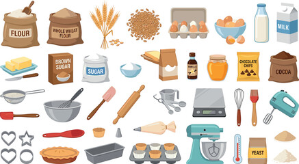 Baking ingredients and kitchen cooking utensils vector element bundle for recipe book culinary website presentation design