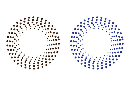 Brown and blue halftone circles with gradient dot patterns on transparent checkered surface.