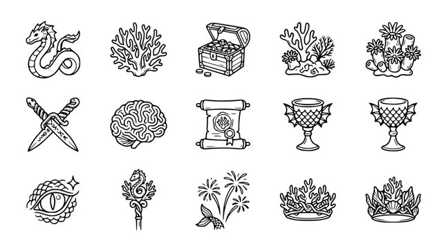 Fantasy Icons: Dragon, Treasure, Brain, Scroll, Crown, Eye, Dagger, Coral, Cup