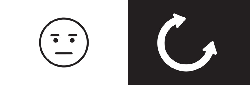 Minimalist neutral face icon and circular refresh arrow icon on black and white split background for user interface design