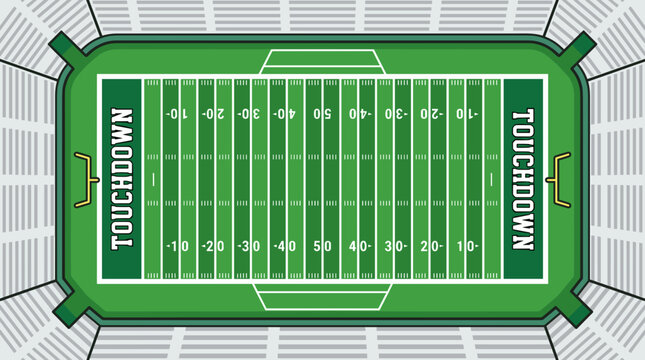 American football field aerial view with vibrant green turf and yard markings