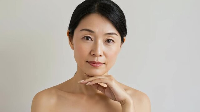 素肌で顎に手を当ててカメラに微笑みかける、上品なミドル世代の日本人女性のビューティー動画