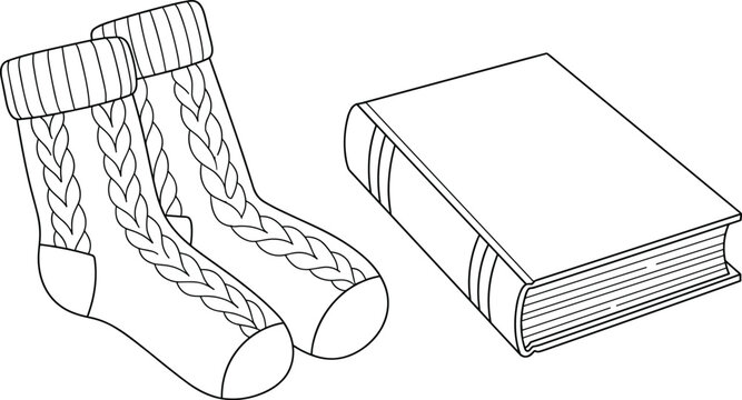 Minimalist Line Art Illustration of Cozy Cable Knit Socks and a Closed Hardcover Book for Comfort