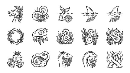 Mythical Sea Creatures, Dragons, and Fossils - Hand-Drawn Icon Set © Senja