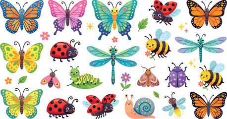 Cute cartoon kawaii garden insects butterflies and colorful bugs flat vector icon bundle for children nature biology school education website © ALOMGIR