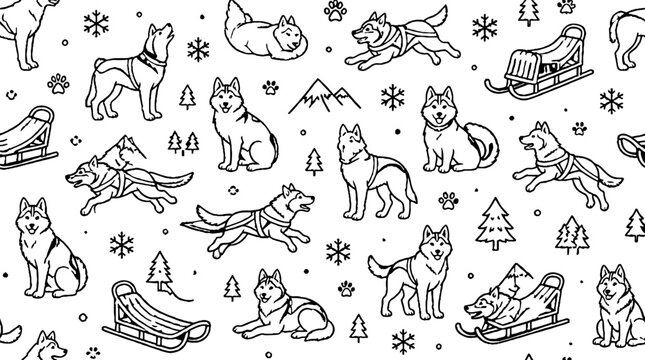 Playful wolves and sleds in winter pattern design.