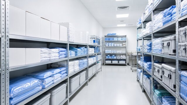 Medical Storage Room with Sterile Supplies on Metal Shelves