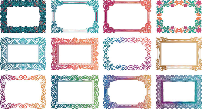 Decorative ornate colorful vintage frames borders and classic baroque filigree text dividers vector element set for luxury certificate invitation design