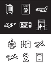 Fototapeta premium Travel and aviation line icon set featuring airplane passport map luggage and boarding pass for tourism and flight booking vector design
