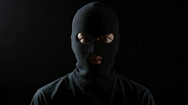 目出し帽を被り黒背景の暗闇からカメラを睨みつける男