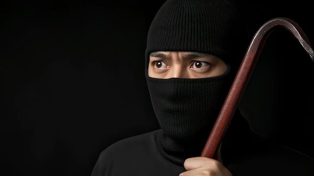 目出し帽を被りバールを持って周囲を警戒する不審な男
