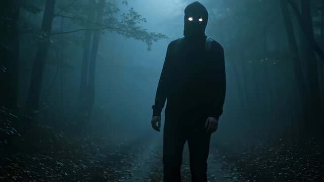 霧が立ち込める夜の森に佇む目が光る不気味な黒い人影