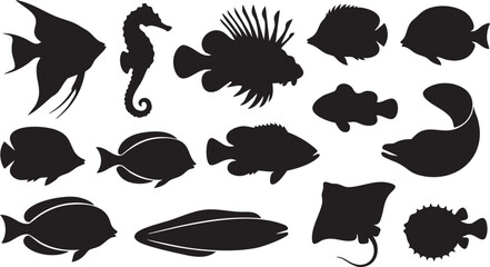 Fish, silhouette, vector, marine, ocean, sea, collection, set, icon, underwater, wildlife, tropical, nature, animal, aquatic, reef, exotic, stingray, seahorse, pufferfish © Raju