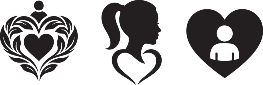 Heart, silhouette, vector, icon, set, woman, profile, collection, love, romance, human, user, avatar, family, care, wellness, healthcare, beauty, emblem, logo