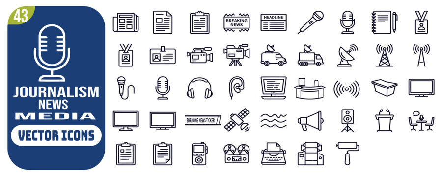 Journalism News Media icons in line design. journalism, news, media, reporter, newspaper, communication, broadcast on white background vector. Journalism News Media editable stroke icon.