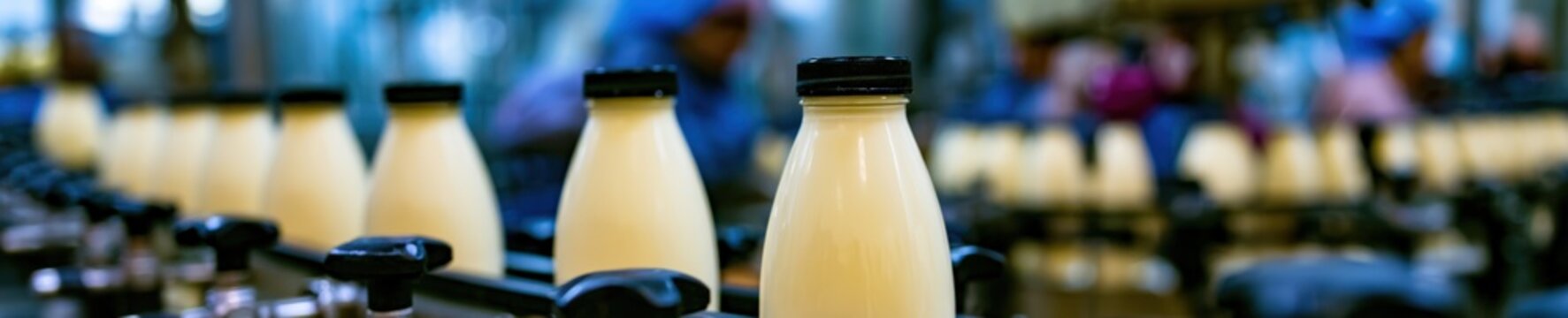 Robotic conveyor belt transporting minimalist eco bottles of milk inside sterile futuristic food processing plant factory.