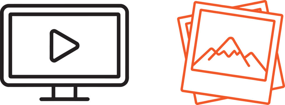 Multimedia icons featuring a computer monitor with play button and a stack of landscape photos for digital content management and media gallery design