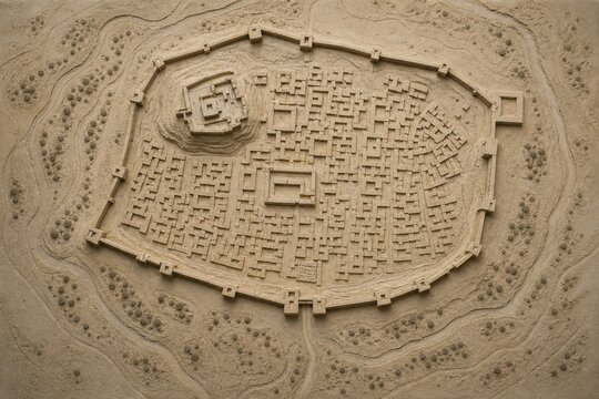 Aerial view of a sand table model showing ancient city walls layout.