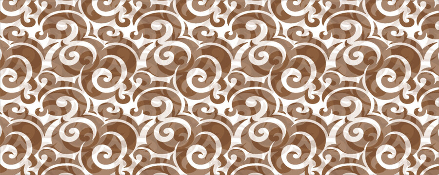 Abstract brown background with seamless traditional ethnic batik swirl wave pattern. Elegant indonesian megamendung culture motif backdrop for textile fabric design.