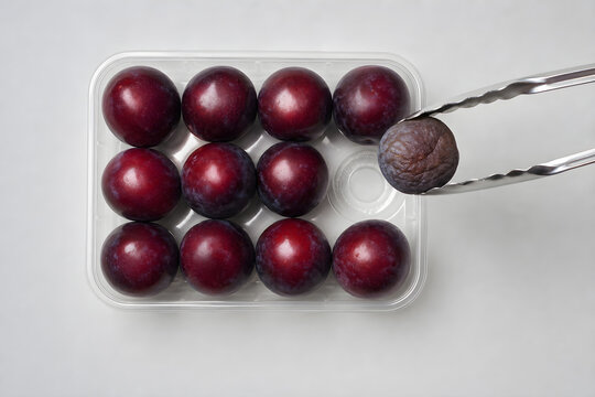 Senolytics selectively clear zombie cells, plain kitchen tongs lifting the one dull plum from a punnet of firm fresh plums