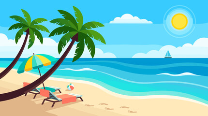 Obraz premium Sunny Beach Scene with Palm Trees and Loungers Under Clear Sky