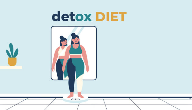 Sad woman standing on a bathroom scale looking at her reflection in the mirror with detox diet text above her.