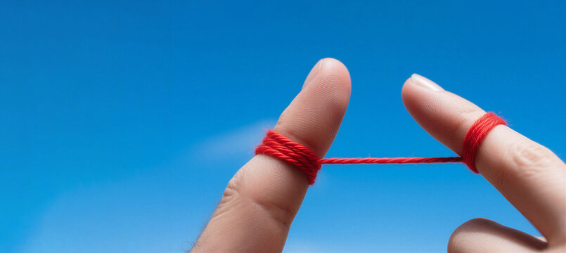 Two fingers in close-up against a sky background, tightly tied with a red thread. Symbol of an unbreakable bond, love, and destiny. Concept of relationships, marriage, and spiritual union of two peopl