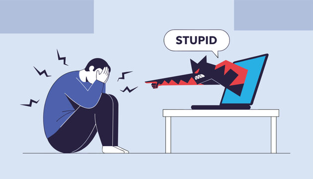 Sad man crying on the floor while a dark monster points at him from a computer screen saying stupid in a speech bubble.