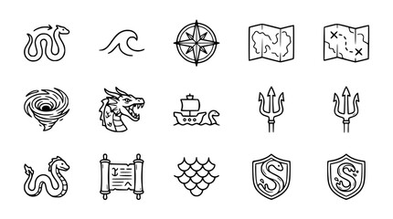 Fototapeta premium Fantasy Adventure Icons: Dragon, Ship, Map, Compass, Trident, Serpent, Shield
