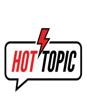 Hot topic logo, speech bubble icon, red and black text, lightning bolt symbol, trendy graphic design element