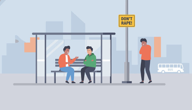 Important street sign at a bus stop urging public safety and social awareness to prevent violence and abuse.