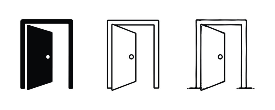 Open door icon set in flat outline and sketchy styles for entrance and exit symbols