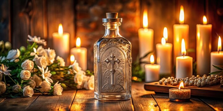 A bottle of holy water placed on a wooden table with intricate carvings