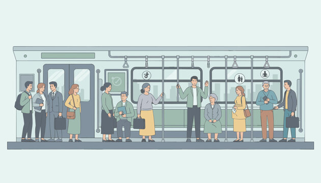 Diverse passengers standing and sitting inside a modern public subway train carriage while commuting through the city.