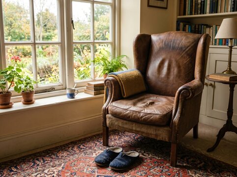 Comfort Zone Concept: Worn Leather Armchair With a Deep Permanent Body-Shaped Imprint